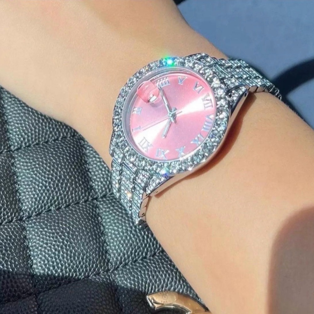 Pink and Silver Watch with Crystal Accents